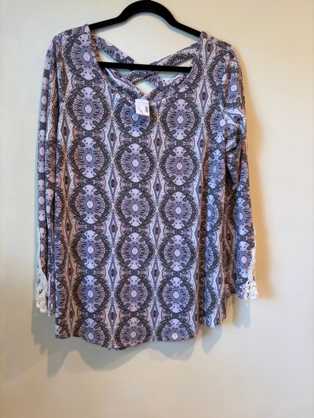 Maurice’s Women's Long-Sleeve Crisscross Back Top in Lavender Medallion